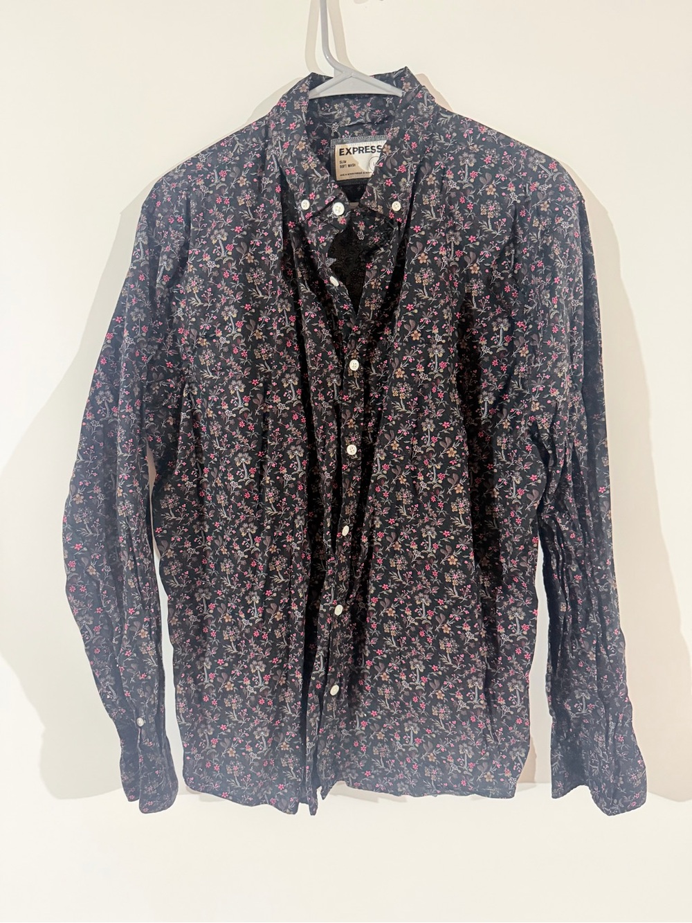 Express Men's Black Button-Down Shirt with Pink Floral Print